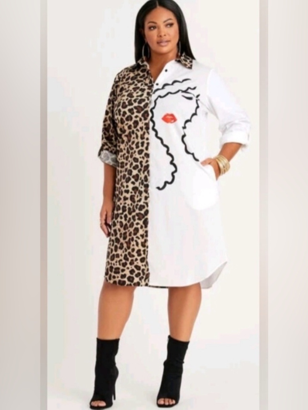 Leopard  and White Face Print Buttoned Shirt Dress